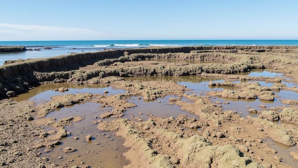 Primer plano de la orilla de Playa Punta Candor, Rota