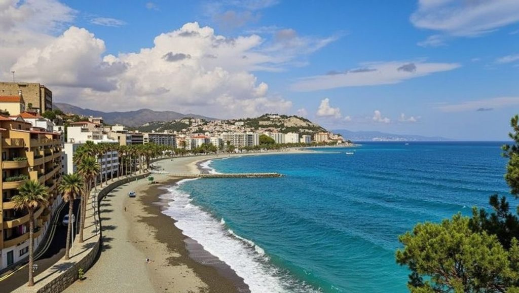 Orilla de Playa San Cristóbal con olas suaves en Almuñécar