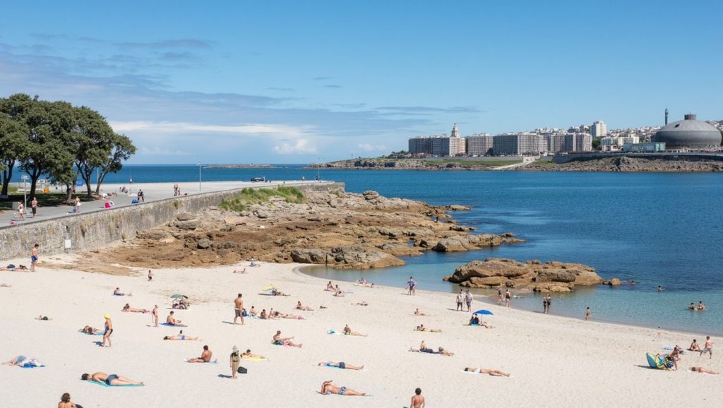 Panorámica de Praia Cativa con cielo despejado, Galicia