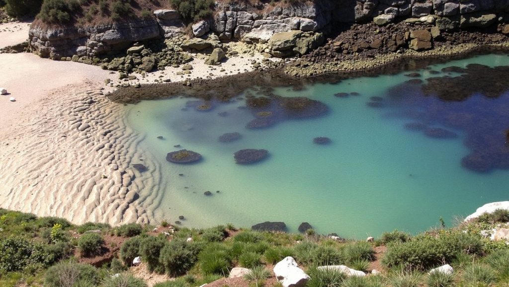 Primer plano de la orilla de Praia da Becha, Galicia