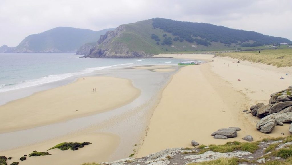 Panorámica de Praia das Caldas con cielo despejado, Galicia