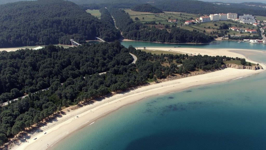 Detalle de arena y agua en Praia de Areas Longas, Galicia