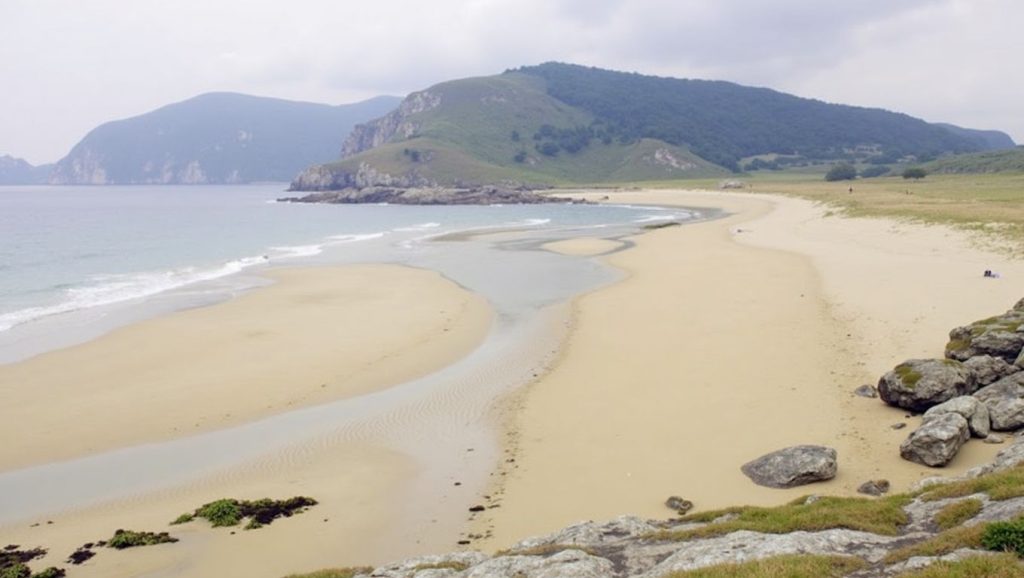 Primer plano de la orilla de Praia de Catro Cordas, Galicia