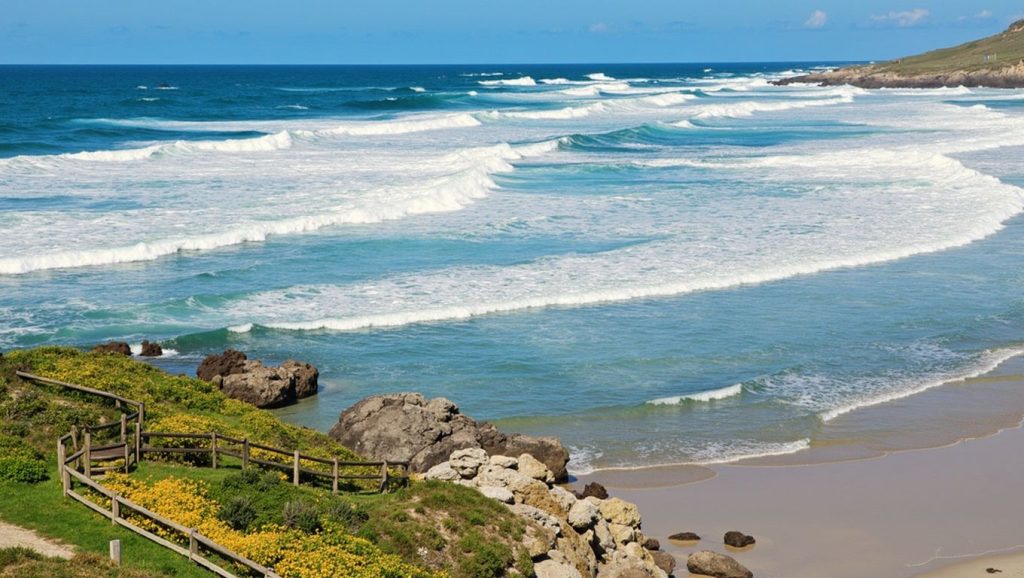 Orilla de Praia de Leiro con olas suaves en Galicia