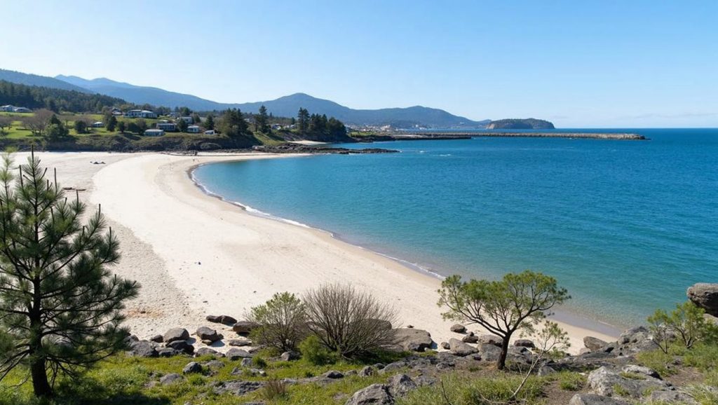 Orilla de Praia de Nadelas con olas suaves en O Porto do Son