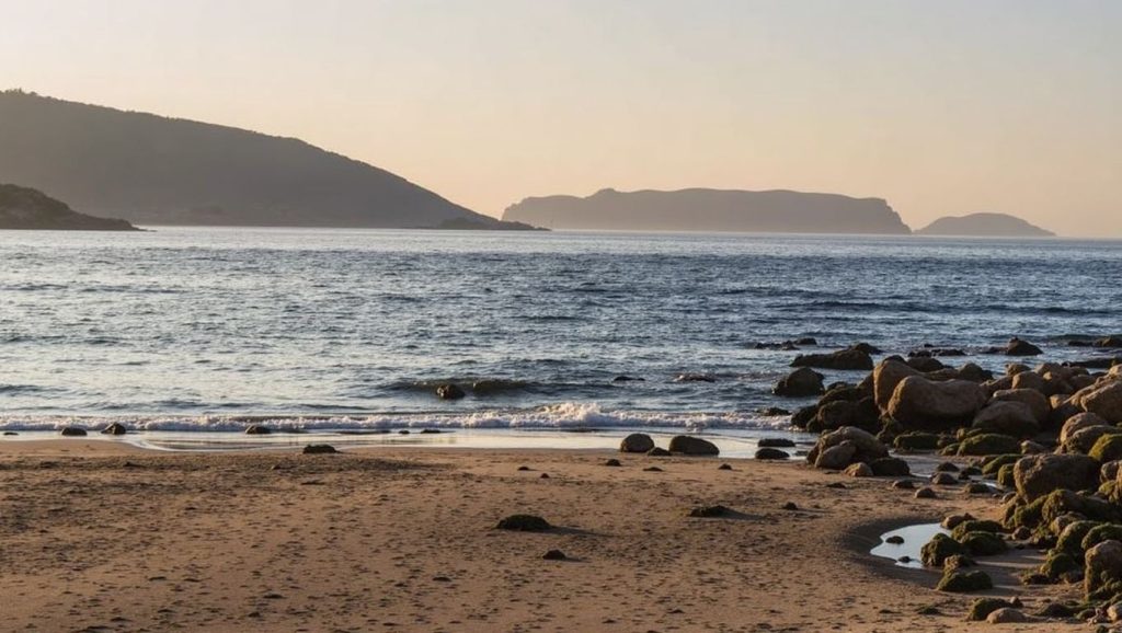 Orilla de Praia de Neixón con olas suaves en Galicia