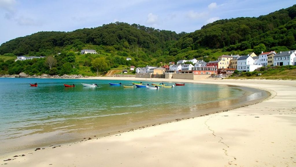 Orilla de Praia de Vaqueiro con olas suaves en Galicia
