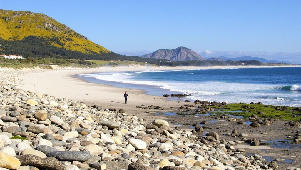 Primer plano de la orilla de Praia do Bodión, Galicia