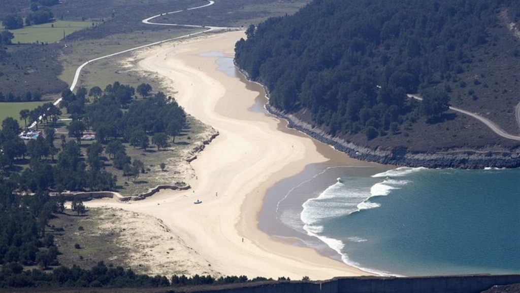 Orilla de Praia Grande do Esteiro con olas suaves en Galicia