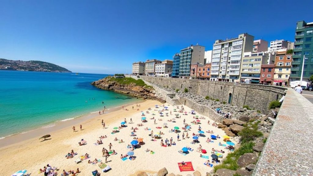 Orilla de Praia Redonda con olas suaves en Galicia