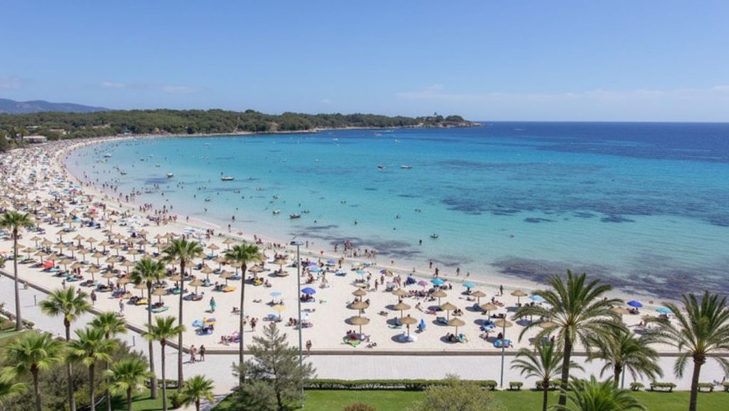 Orilla de Sa Coma con olas suaves en Sant Llorenç des Cardassar