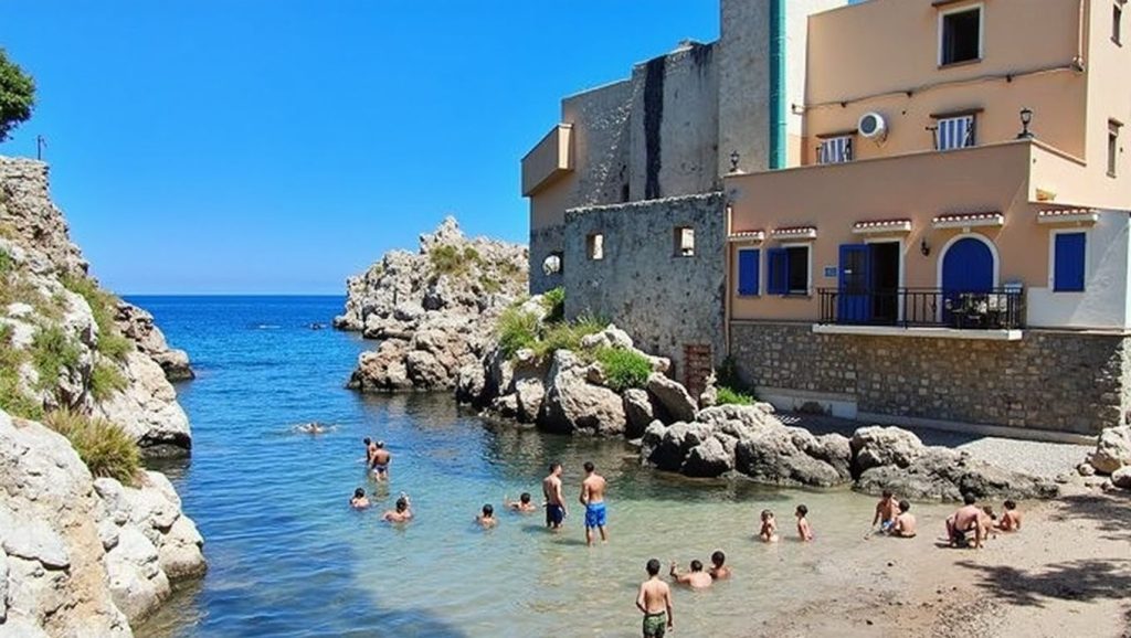 Oleaje en la orilla de Caletta san Liberale, costa de Paceco