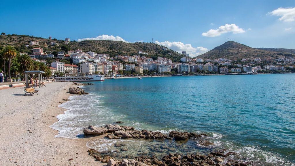 Orilla de Ammos Beach con olas suaves en Durrës