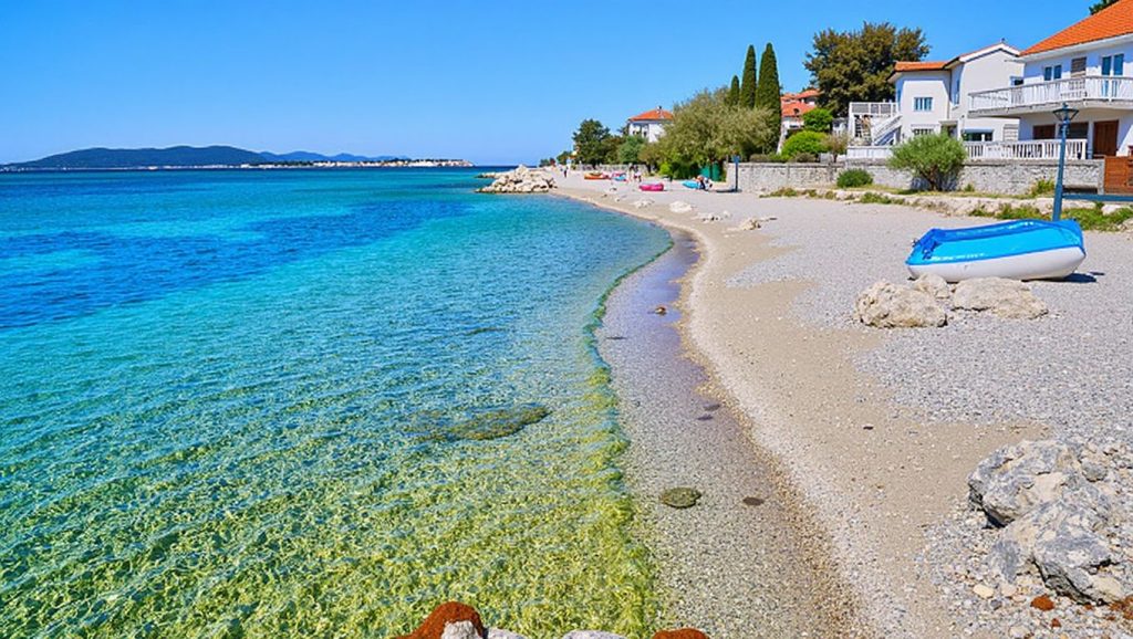 Arena y orilla en beach Žaborić, Croacia, Croacia