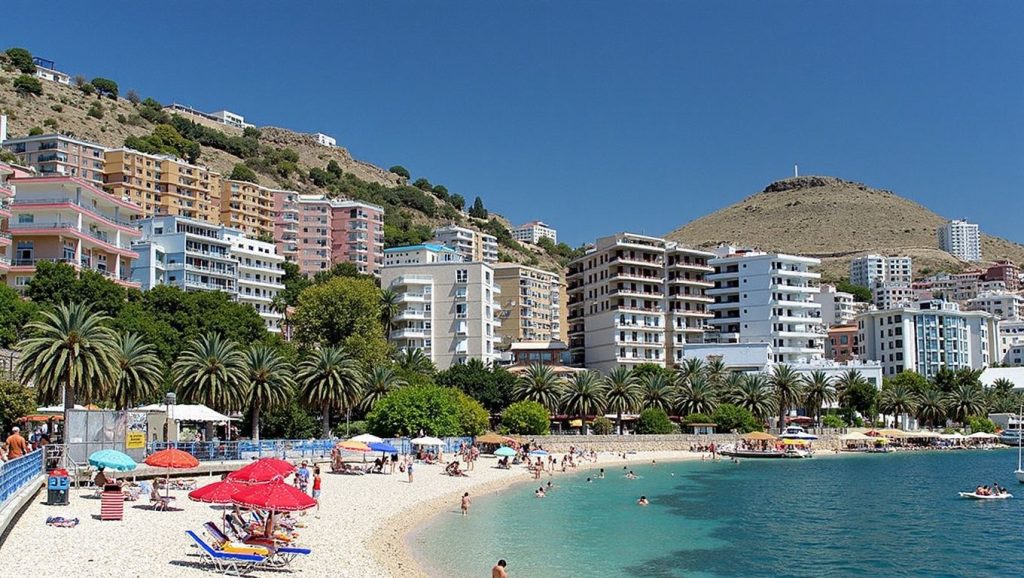 Playa English Bay desde la arena, Himara, Albania