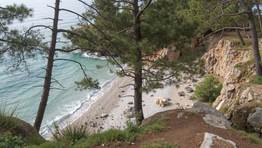 Orilla de FKK Crvena glavica con olas suaves en Budva