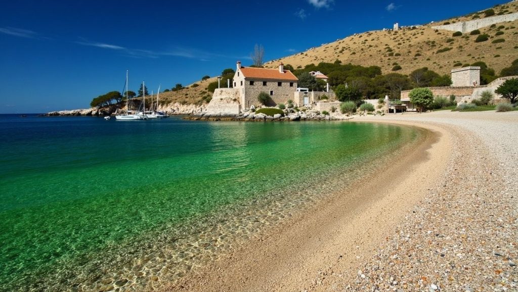 Panorámica completa de Južna luka, playa de Croacia