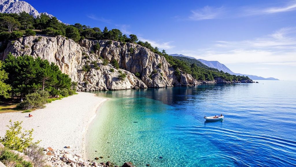Playa Lenga desde la arena, Lumbarda, Croacia