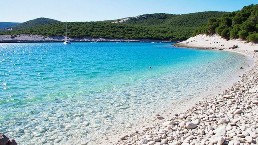 Arena y orilla en Mala Srebrna, Croacia, Vis