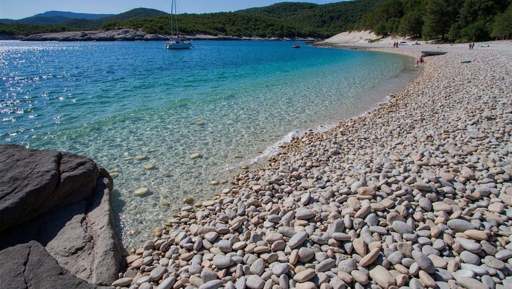 Detalle de arena y agua en Mala Srebrna, Croacia