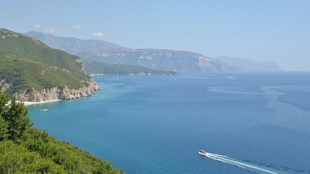 Arena y mar en Morsi, Himara, Albania