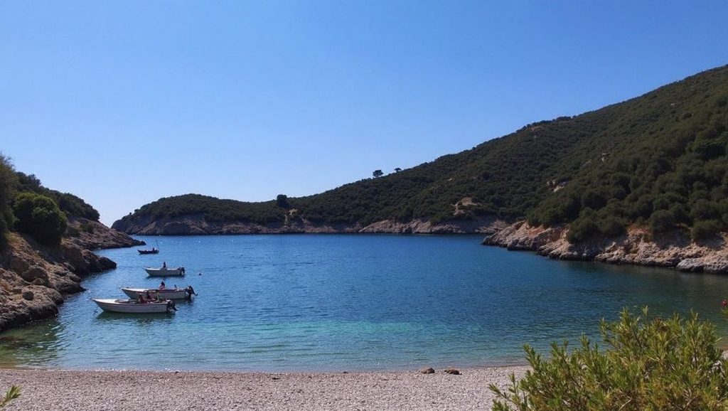 Arena y orilla en Pavija Luka, Croacia, Korčula