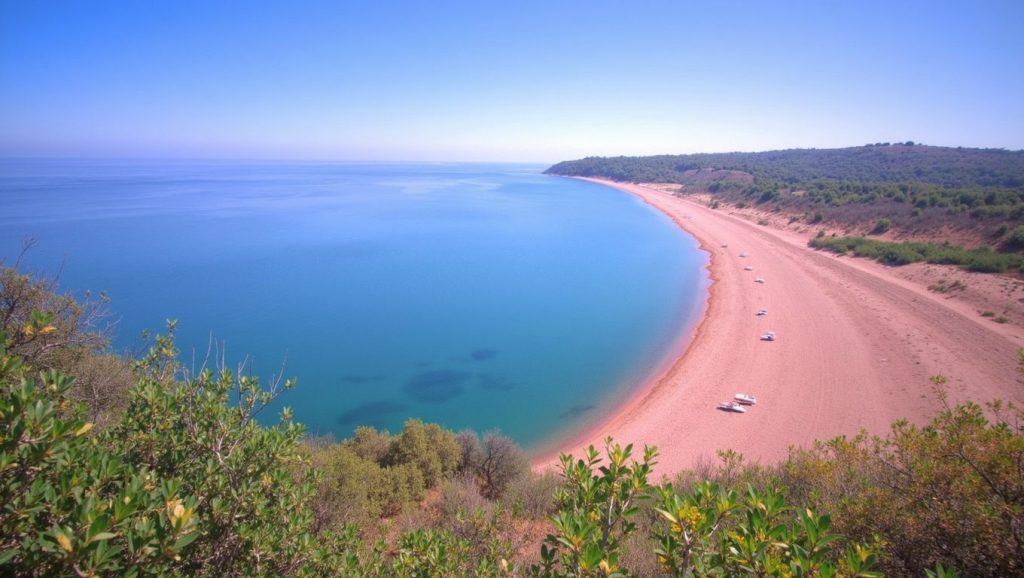 Vista amplia de Plage de Davia en Calvi, Córcega