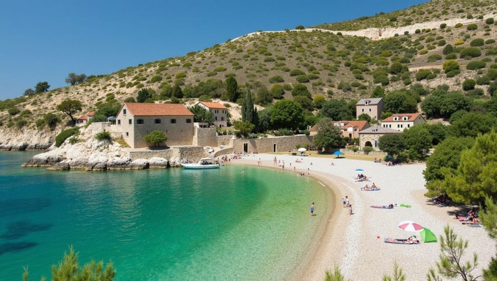 Detalle de arena y agua en plaža Dubrava, Croacia