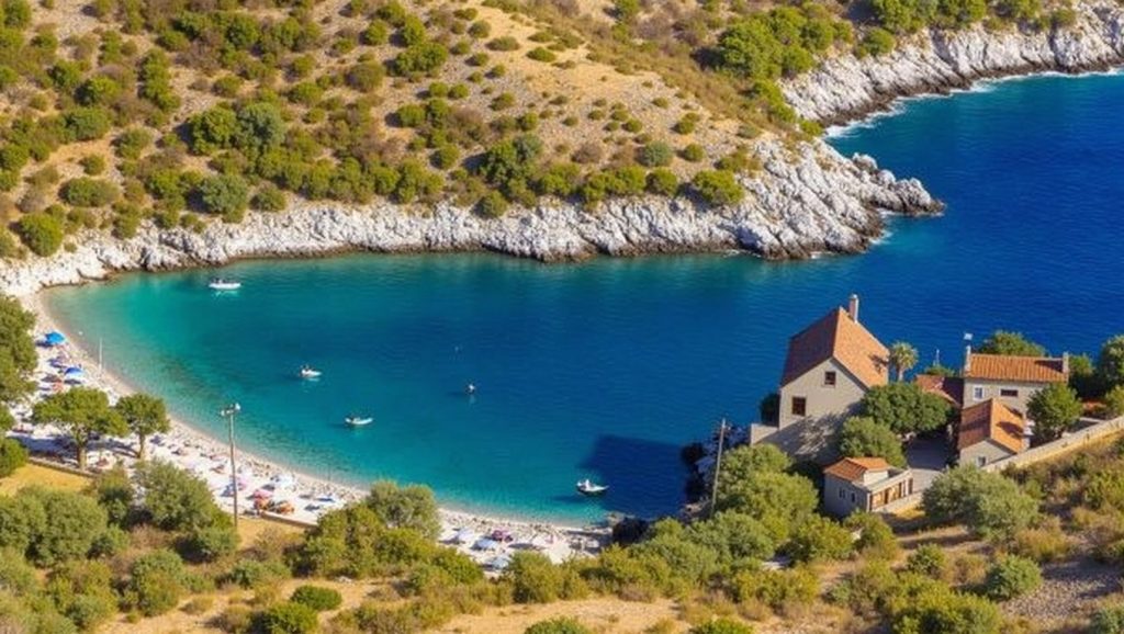 Panorámica completa de plaža Dubrava, playa de Croacia