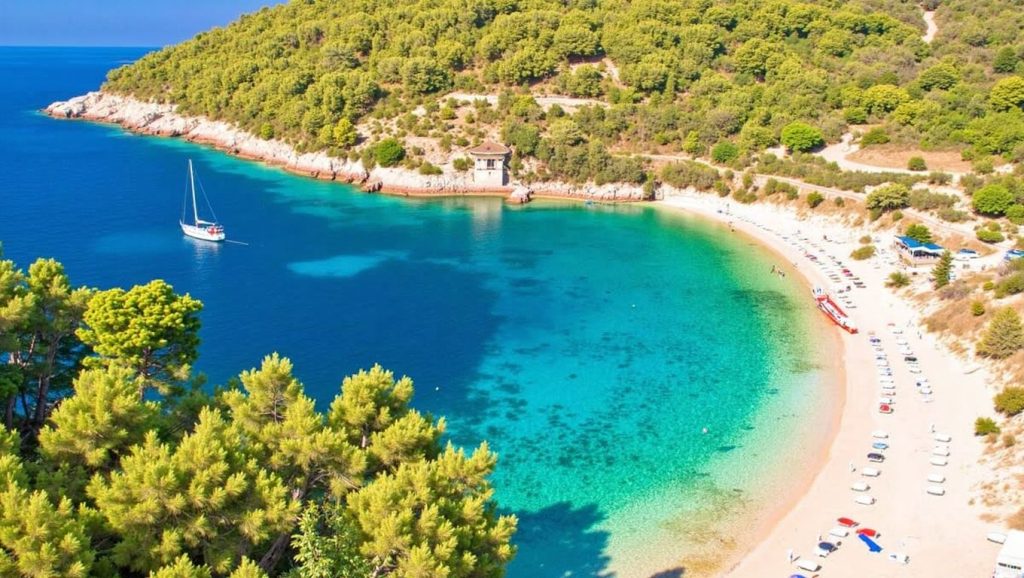 Panorámica completa de Plaža Plavina, playa de Grad Korčula