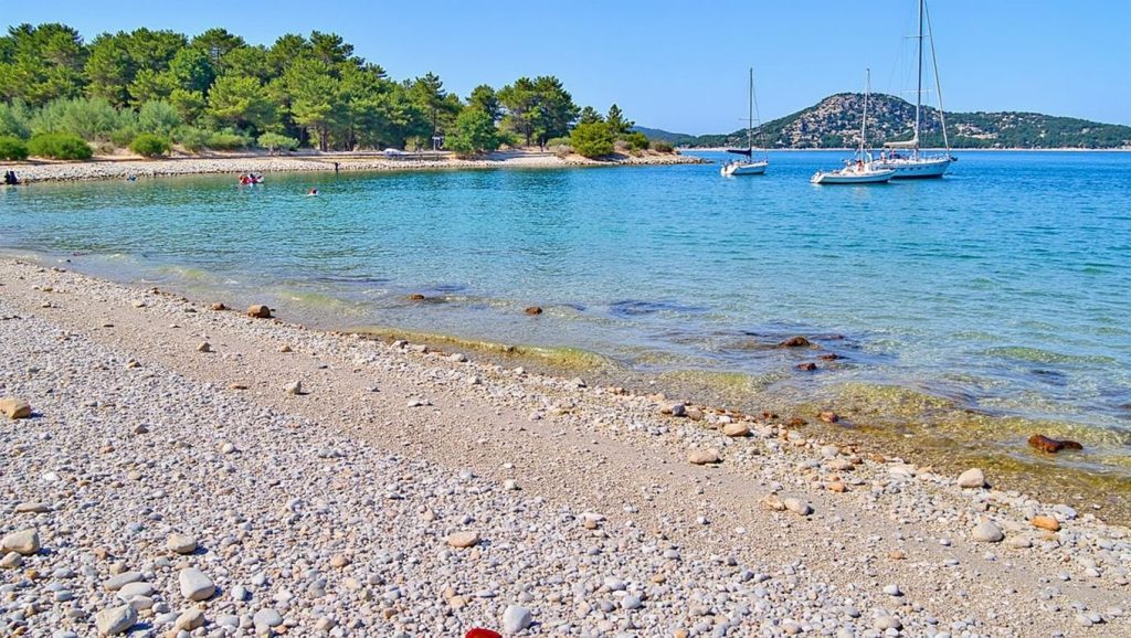 Arena y mar en Plaža Trstevica, Croacia, Croacia