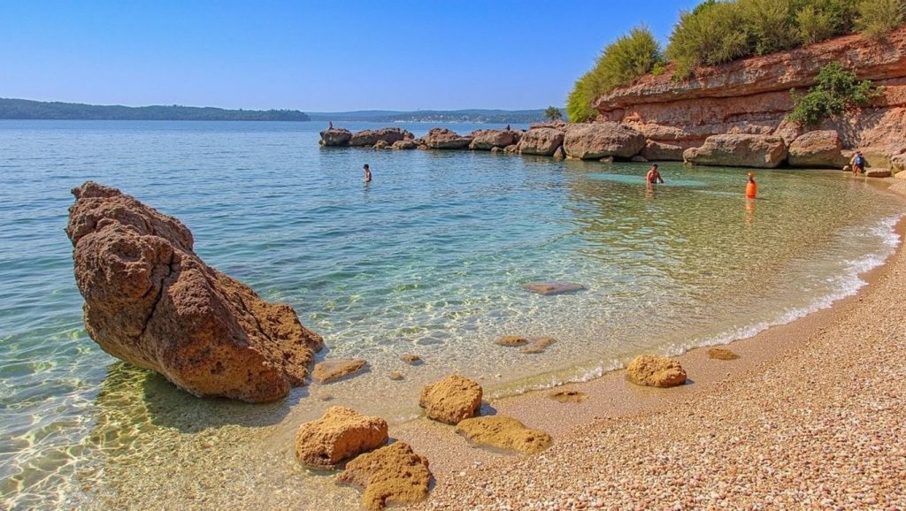 Detalle de arena y agua en Pliševac, Croacia