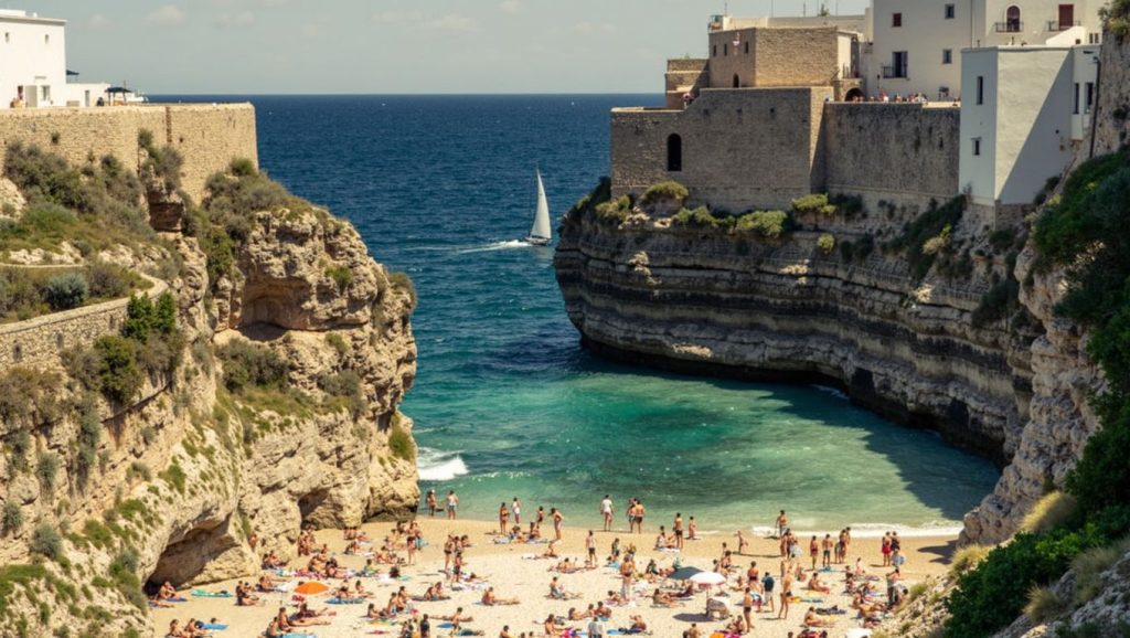 Orilla de San Vito con olas suaves en Polignano a Mare