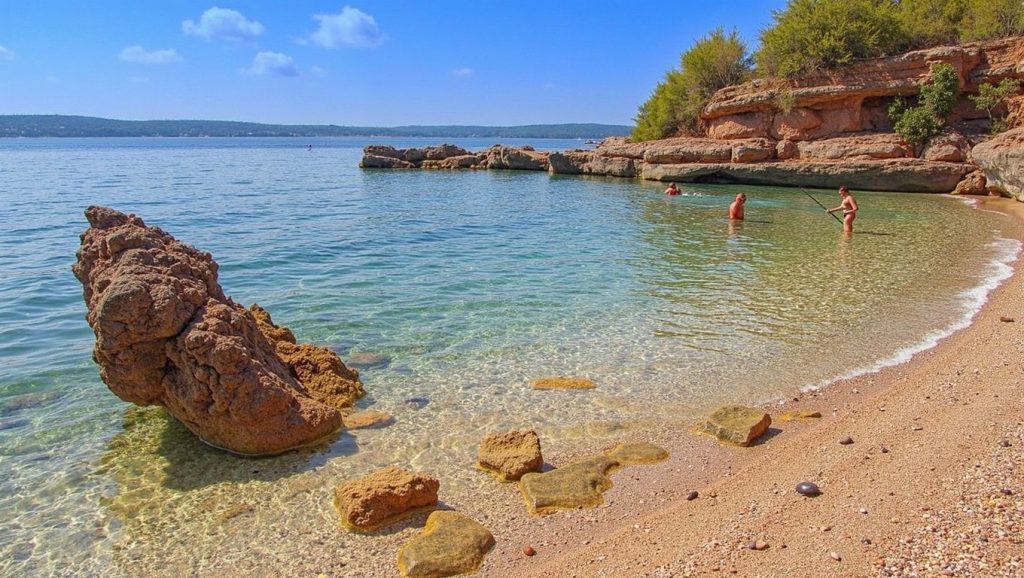Detalle de arena y agua en Skalinada, Croacia