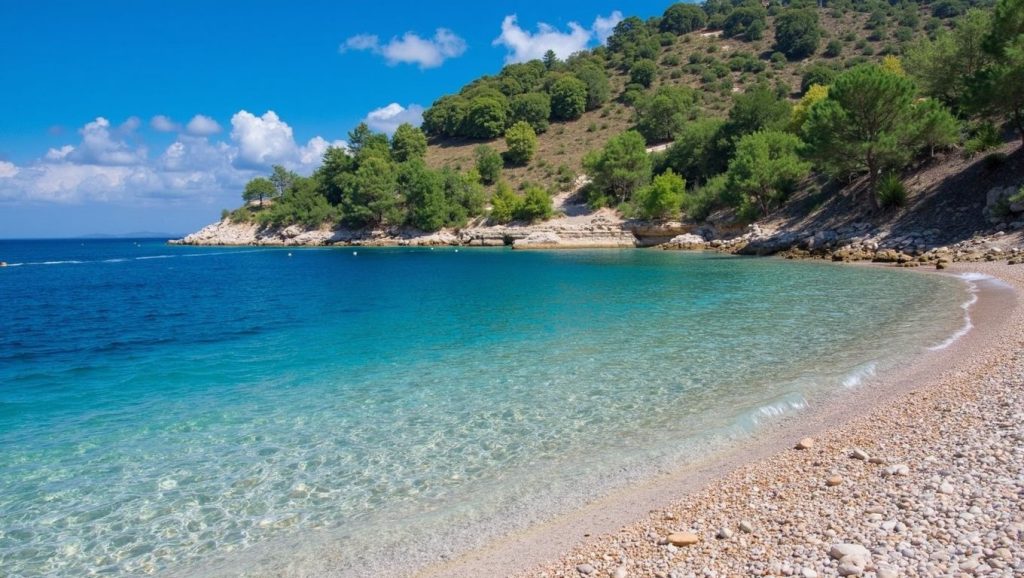 Orilla tranquila de Templuz FKK, playa de Grad Komiža