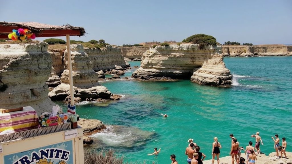 Orilla de Valle delle Sirene con olas suaves en Puglia