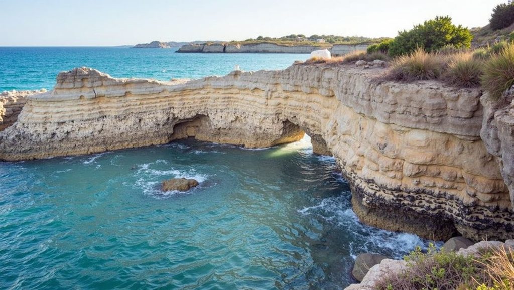 Vista amplia de Spiaggetta di Cala Rossa en Siracusa, Sicilia